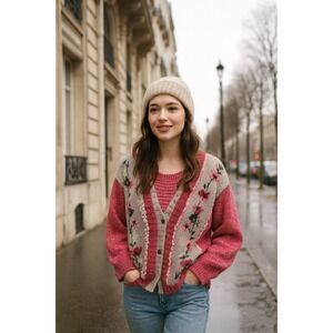 Paris Sport Club HandKnitted Cardigan Women's S Vintage Floral Knit Cottagecore